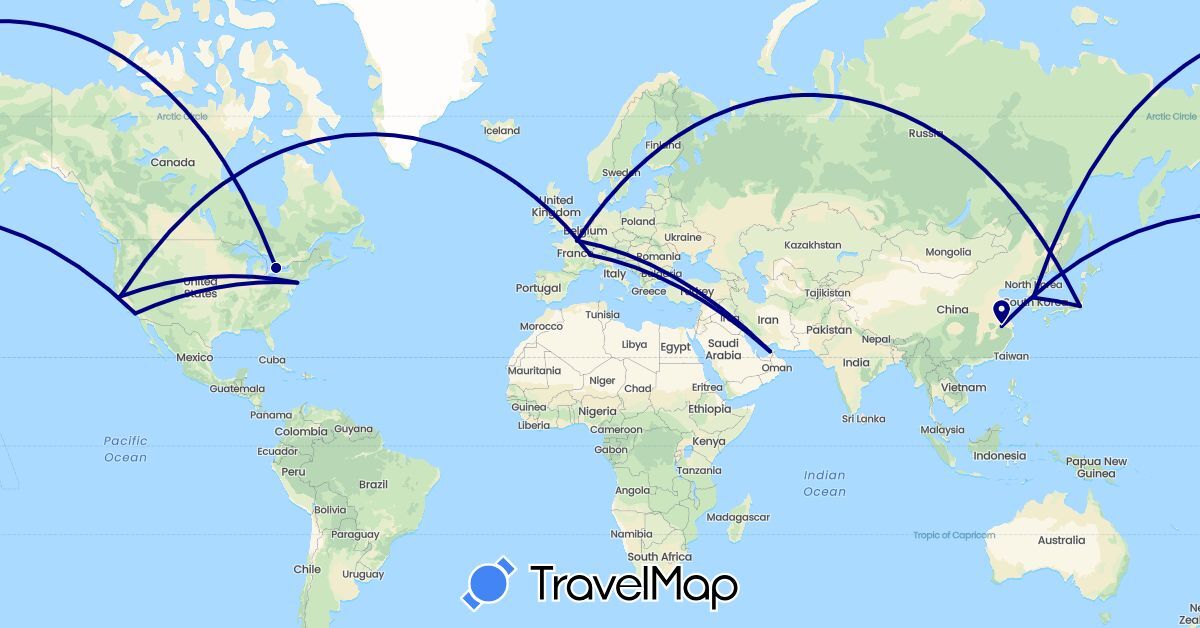 TravelMap itinerary: driving in United Arab Emirates, Canada, Switzerland, China, France, Japan, South Korea, United States (Asia, Europe, North America)